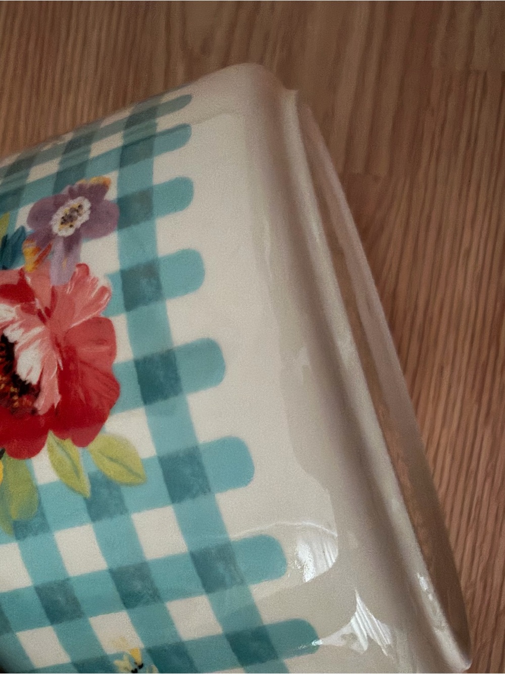 The Pioneer Woman Blue Gingham Ceramic Serving Bowl with Cow and Floral Motif - Picture 5 of 6